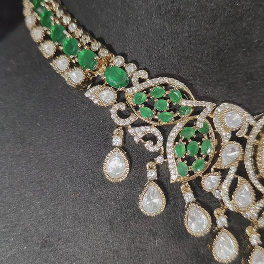 Polki Kundan Emerald Green Choker Necklace With Earrings