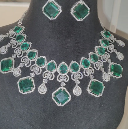 Ritta's Rama Green Colour American Diamond Necklace with Earrings
