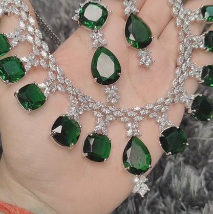 Emerald Green American Diamond Necklace with Earrings