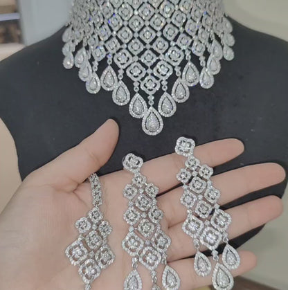 American Diamond Chokar With Earrings and Maangtikka, Rhodium Silver Polish