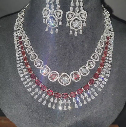 Double Layer Red American Diamond Necklace with Earrings