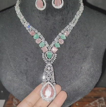 Mint Green and Baby Pink Multi American Diamond Necklace with Earrings