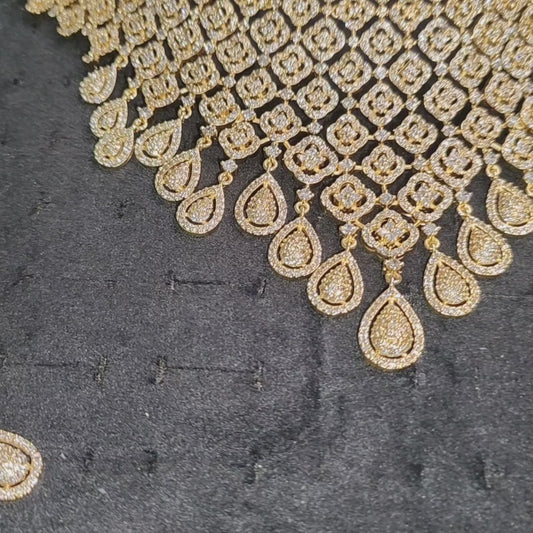 Golden Polish American Diamond Choker with Earrings and Maangtikka
