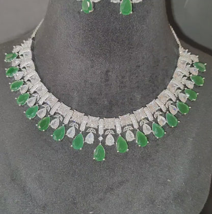 AAA Quality Emerald Green American Diamond Necklace, Rhodium Polish (silver)