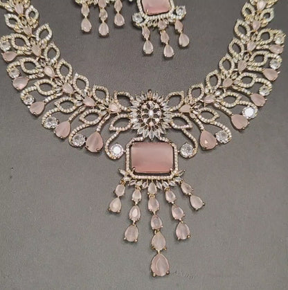 Baby Pink American Diamond Necklace with Earrings, Golden Polish