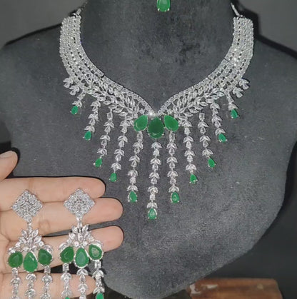 Green American Diamond Necklace with Earrings and Maangtikka