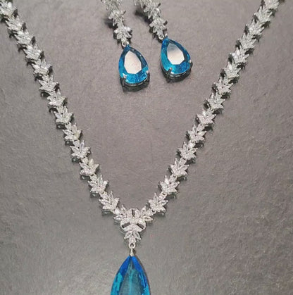 Aqua Blue American Diamond Necklace with Earrings