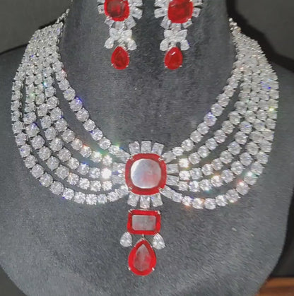 Red Colour 5 Layer American Diamond Necklace with Earrings, AAA Quality Solitaires, swipe for video