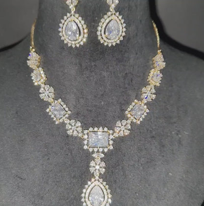 Golden Polish American Diamond Necklace with Earrings