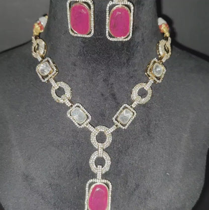 Pink AD Polki Kundan Statement Neckpiece with Earrings