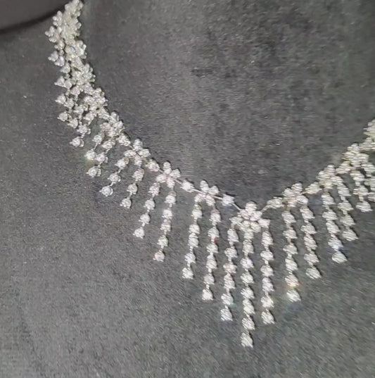 Elegant Rhodium Silver Polish American Diamond Necklace with Earrings