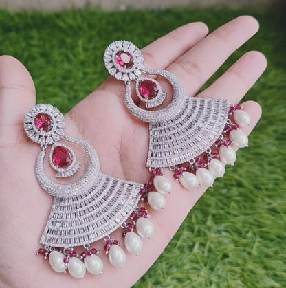 Red American Diamond Earrings with Pearls