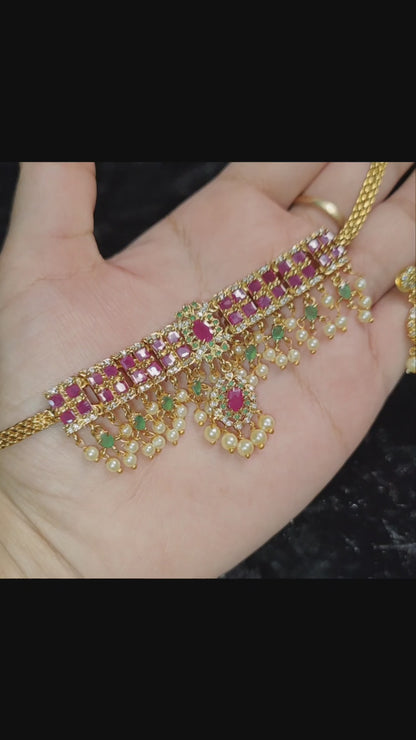 Golden Plated Ruby Pink & Green Choker with Pearl Drops