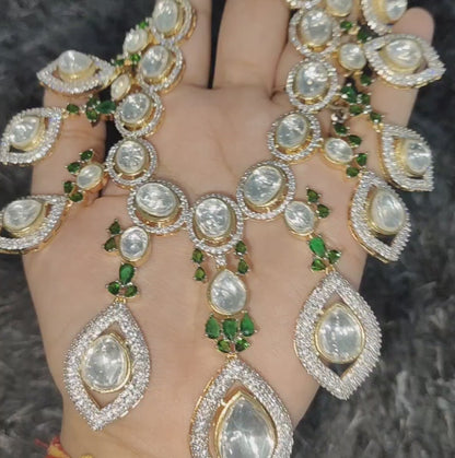 Polki Kundan Emerald Green American Diamond Necklace with Earrings