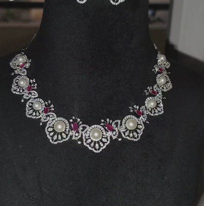 Ruby Pink Pearl American Diamond Necklace with Earrings