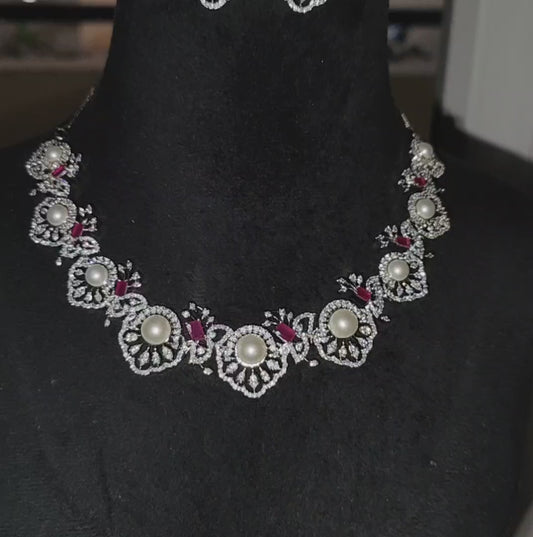 Ruby Pink Pearl American Diamond Necklace with Earrings