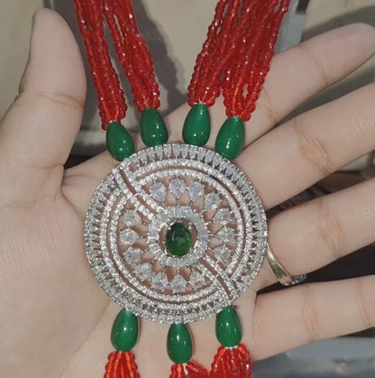 Red & Green colour Hydro beads, Onyx beads with AD Pandent Set