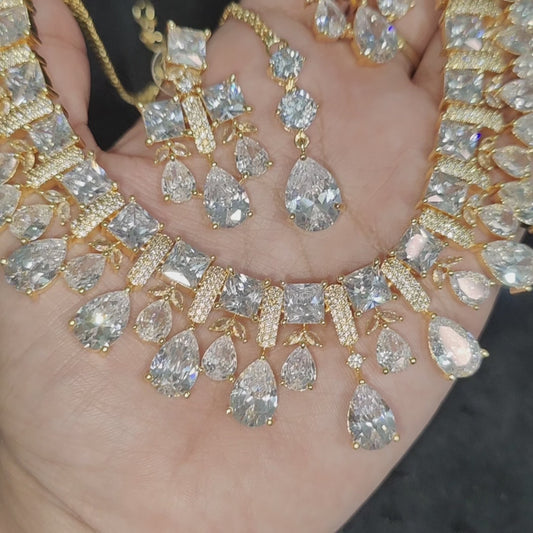 Golden Polish American Diamond Necklace with Earrings and Maangtikka