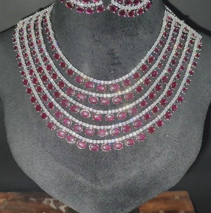 5 Layer Ruby Pink AD Necklace with Earrings