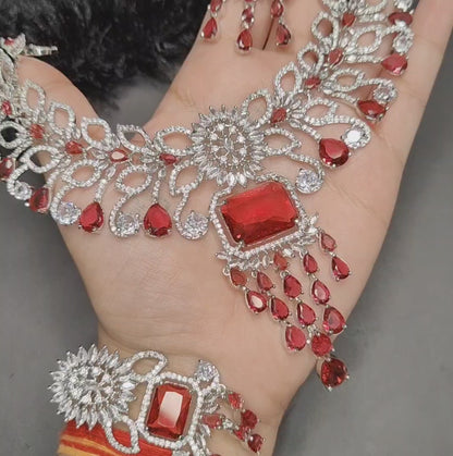 Red American Diamond Necklace with Earrings