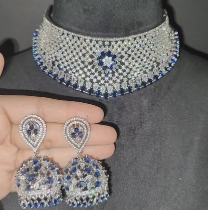 Blue American Diamond Necklace with Jhumka Earrings