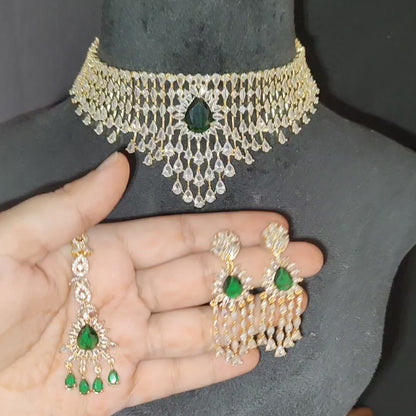 Golden Polish Emerald Green Chokar with Earrings and Maangtikka