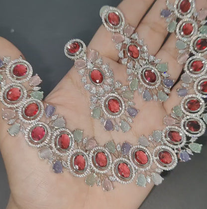 Red Multicolour American Diamond Necklace with Earrings