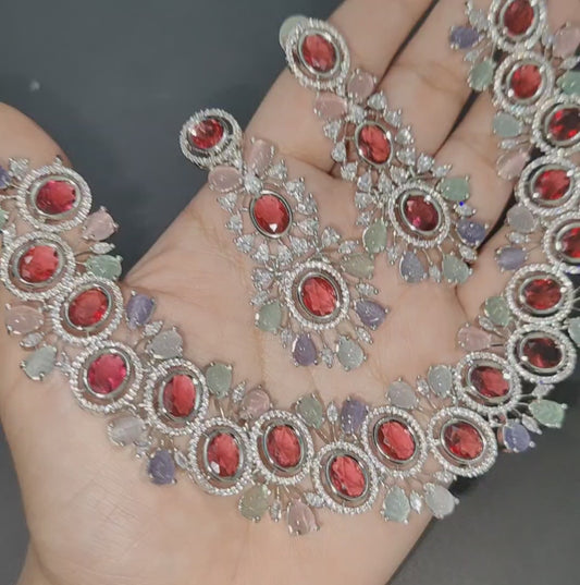 Red Multicolour American Diamond Necklace with Earrings