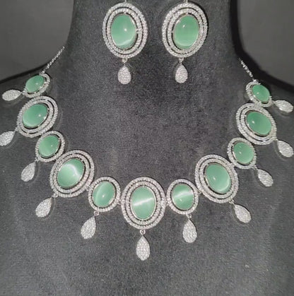 Mint Green American Diamond Necklace with Earrings, swipe for video
