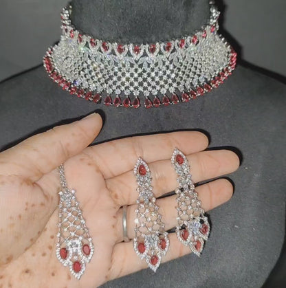 Red American Diamond Chokar with Earrings and Maangtikka
