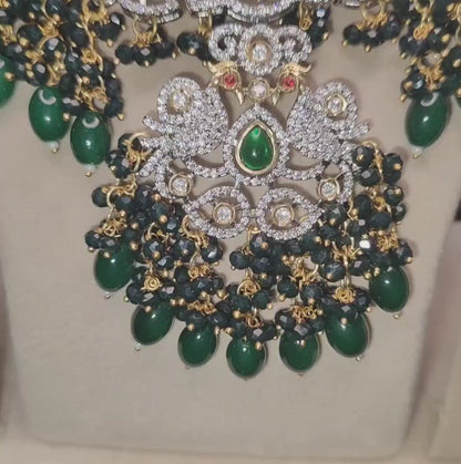 Green AD Kundan Necklace With Earrings and Maangtikka, Ethnic Jewellery