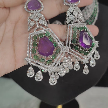 Purple and Green Premium American Diamond Necklace with Earrings