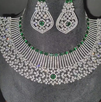 Premium AAA Quality Green American Diamond Necklace with Earrings