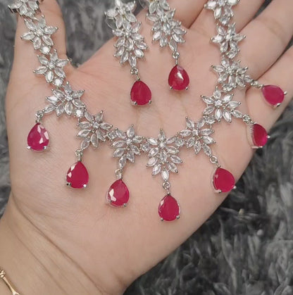 Ruby Pink American Diamond Necklace with Earrings, swipe for video