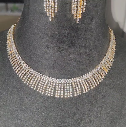 Elegant American Diamond Necklace with Earrings, Ganga Jamuna Golden Polish