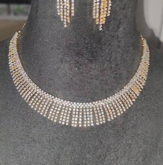Elegant American Diamond Necklace with Earrings, Ganga Jamuna Golden Polish