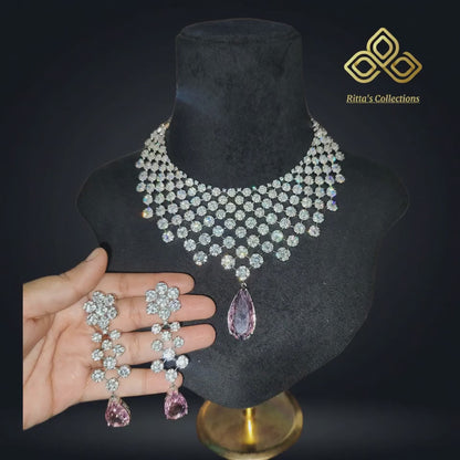 Ritta's Collections Exclusive Blush Pink American Diamond Necklace with Earrings