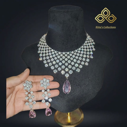 Ritta's Collections Exclusive Blush Pink American Diamond Necklace with Earrings