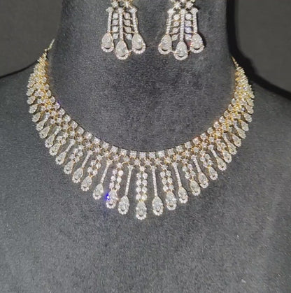 Gold Polish American Diamond Necklace with Earrings