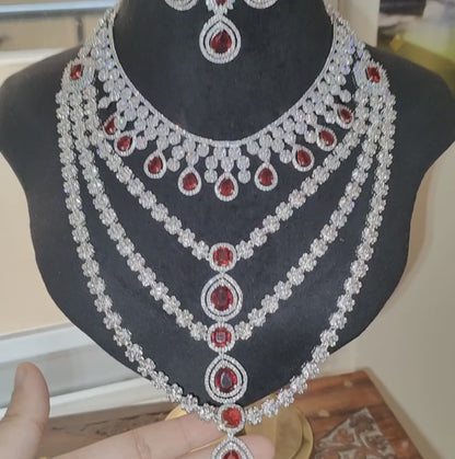 Bridal Red American Diamond Necklace Set with earrings and Maangtikka, swipe for video
