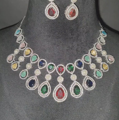 Multi Colour American Diamond Necklace with Earrings