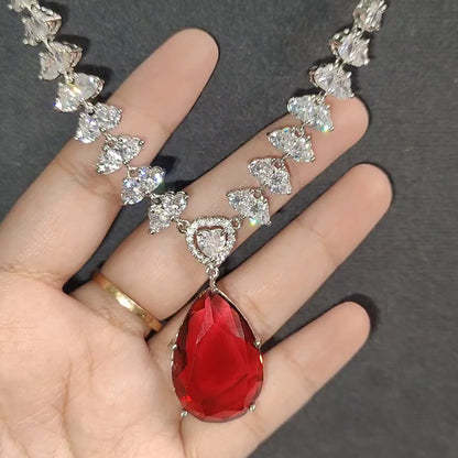 Premium Red American Diamond Necklace with Earrings