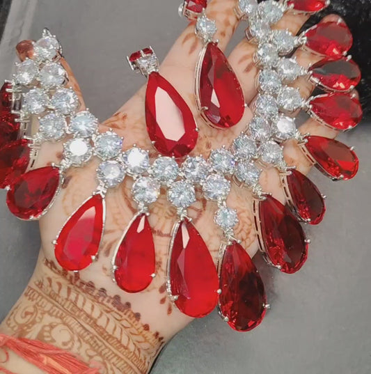 Premium Red American Diamond Necklace with Earrings