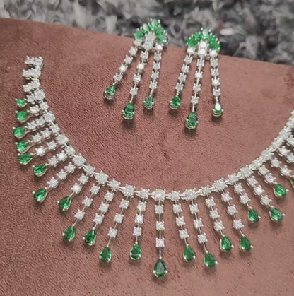 Emerald Green American Diamond Necklace with Earrings