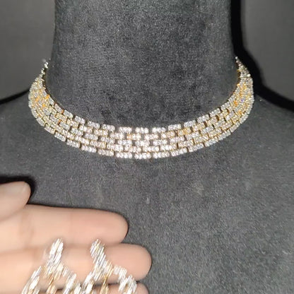 Micro Setting Sleek American Diamond Necklace with Earrings, golden polish