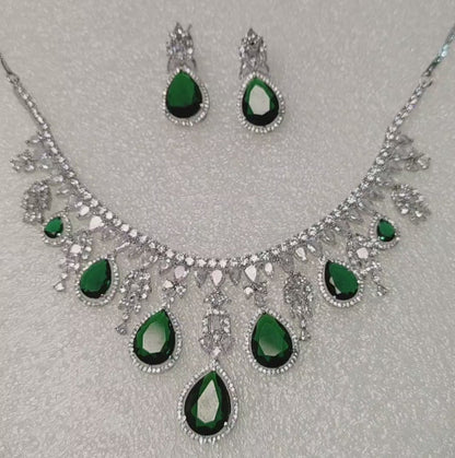 Emerald Green American Diamond Necklace with Earrings