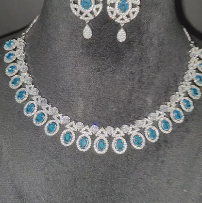 Aqua Blue, Sky Blue American Diamond Necklace with Earrings