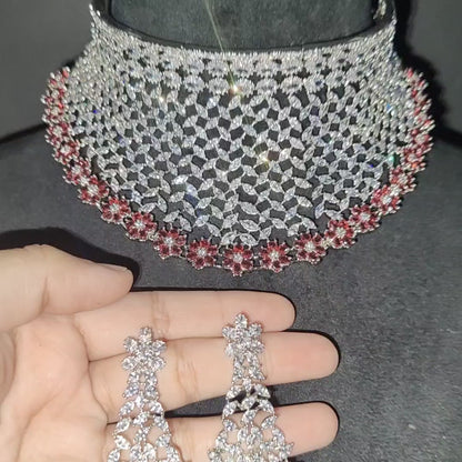 Red American Diamond Chokar With Earrings