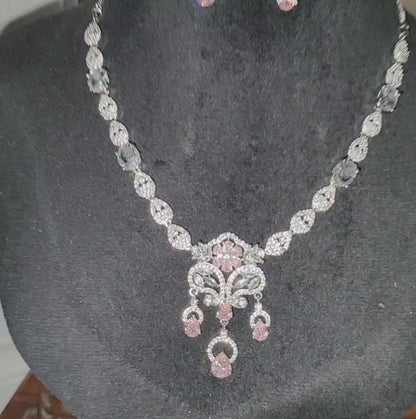 Blush Pink Rose Pink American Diamond Necklace with Earrings