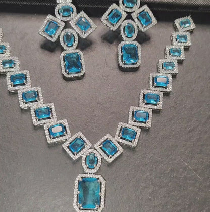 Aqua Blue/Sky Blue American Diamond Necklace with Earrings